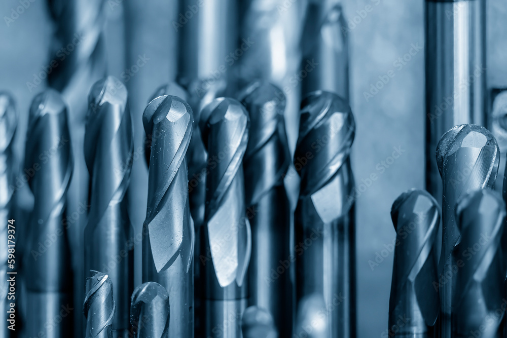 Close-up scene group of the used solid end mill in the light blue scene. Close-up scene group of the used solid end mill in the light blue scene.