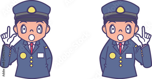 驚いた顔で指を指す駅員_上半身