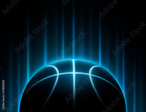 Black basketball with bright blue glowing neon lines with abstract lights. Basketball game concept © Retouch man