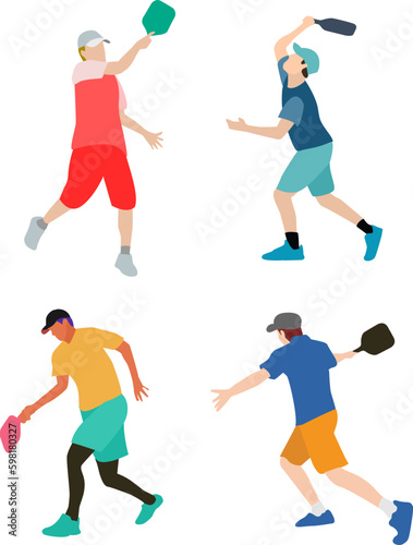 Great editable vector character of modern flat pickleball players in various poses	