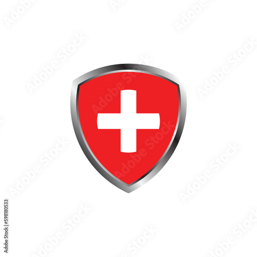 medical shield health protection shield cross. Protected steel guard shield concept. Safety badge steel icon. Privacy metal banner shield. Security safeguard metal label.