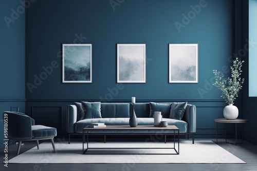 Blue Living Room Interior Created with Generative AI © dendyh7