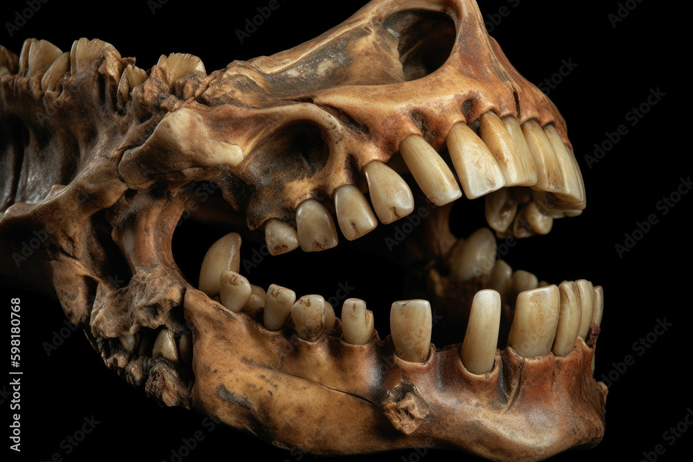 Ancient teeth uncannily preserved protruding from a menacing jaw. AI generation. Generative AI Ancient teeth uncannily preserved protruding from a menacing jaw. AI generation. Generative AI