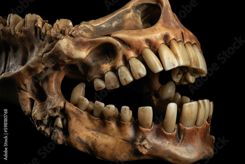 Ancient teeth uncannily preserved protruding from a menacing jaw. AI generation. Generative AI © Justlight