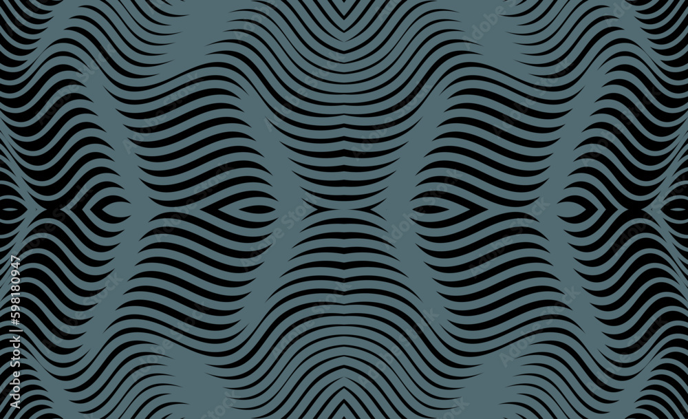 Abstract pattern of curved wavy green-blue lines of different thicknesses on a black background. Seamless composition in the form of an arbitrary two-color ornament. Vector illustration, EPS 8.
