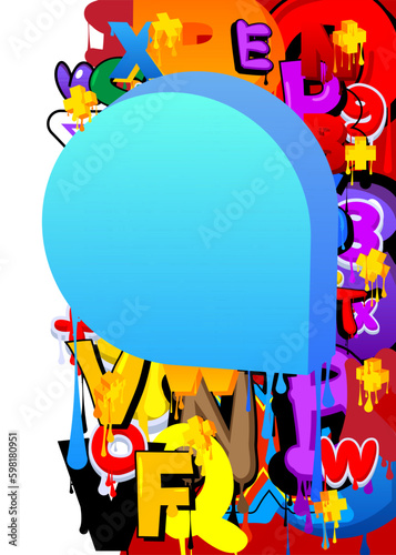 Blue Speech Bubble Graffiti with colorful Background. Urban painting style backdrop. Abstract discussion symbol in modern dirty street art decoration.