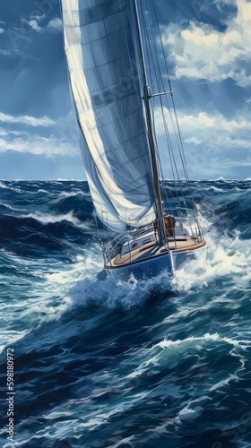 Sailing boat sailing along the river in waves. Generative ai.