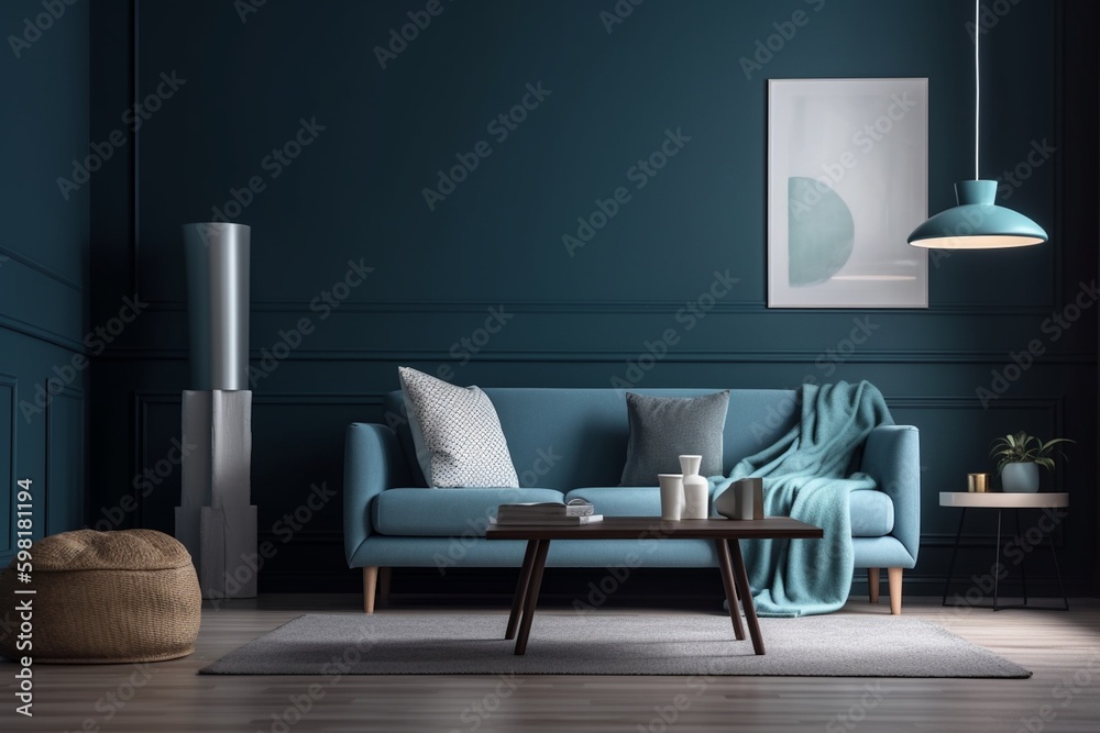 Obraz premium Blue Living Room Interior Created with Generative AI