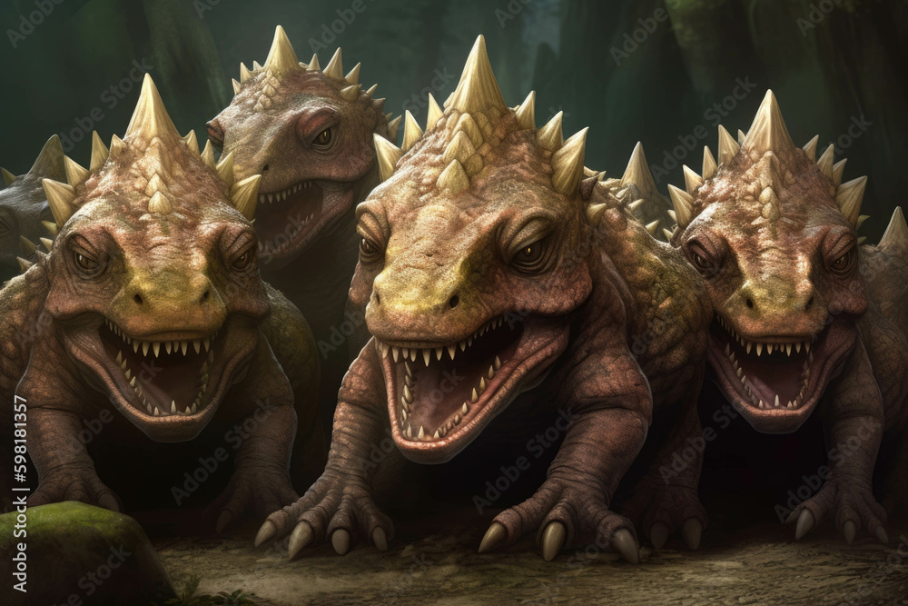 An intimidating row of pointed dinosaur teeth ready to devour and chew. AI generation. Generative AI An intimidating row of pointed dinosaur teeth ready to devour and chew. AI generation. Generative AI