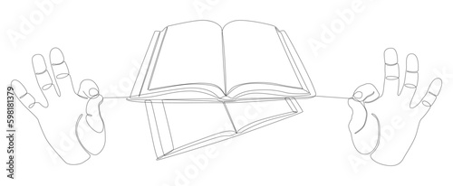 One continuous line of hand with multiple Books. Thin Line Illustration vector concept. Contour Drawing Creative ideas.