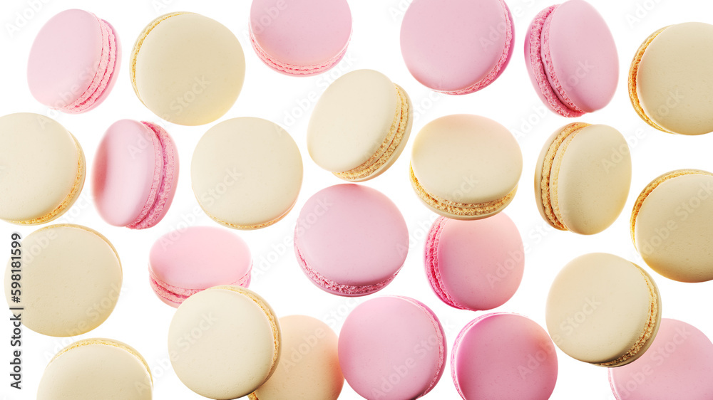 Closeup macaroons floating on white background. 3D Rendering. Closeup macaroons floating on white background. 3D Rendering.