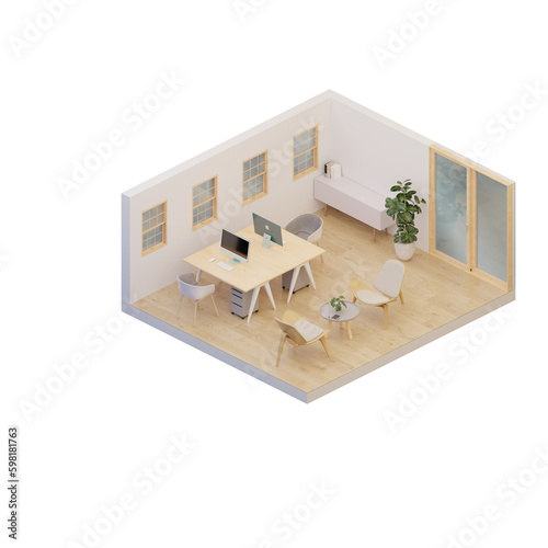 3d rendering group layout office/workspace interior axonometric/isometric in scandinavian style using soft wood vibe furniture and floor. © AK082