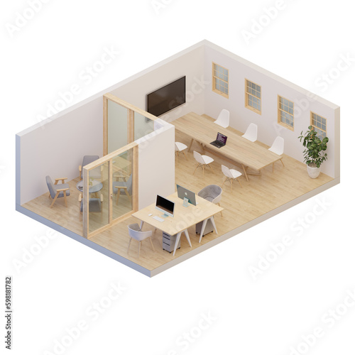 3d rendering group layout office/workspace and meeting room interior axonometric/isometric in scandinavian style using soft wood vibe furniture and floor. © AK082