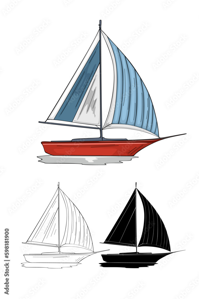 Cartoon Sailboat. Ship icon. Vector illustration