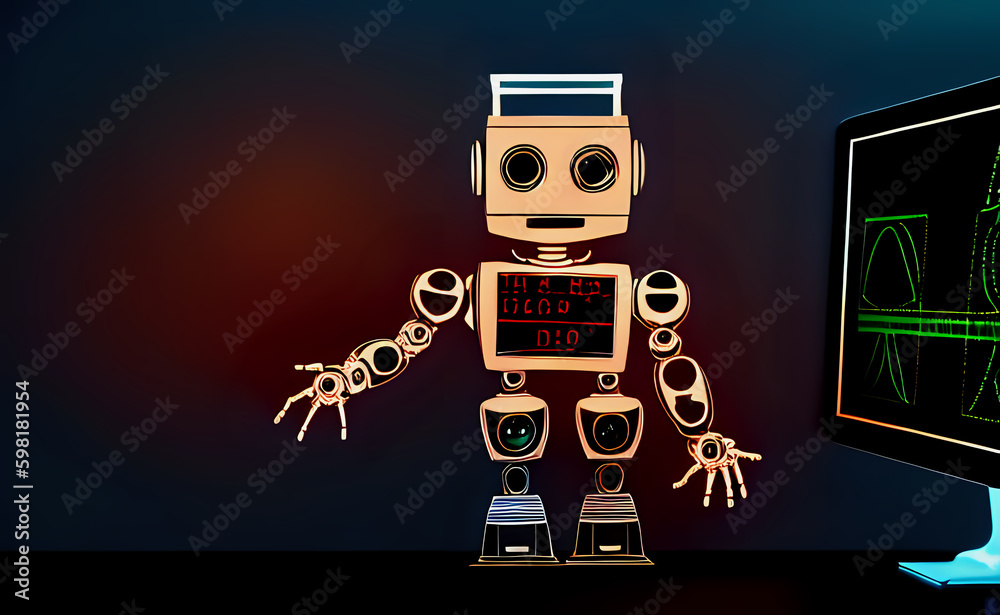 Naklejka premium A human-shaped robot with a display on its chest stands near a monitor with blueprints and diagrams. Generative AI, Generative, AI