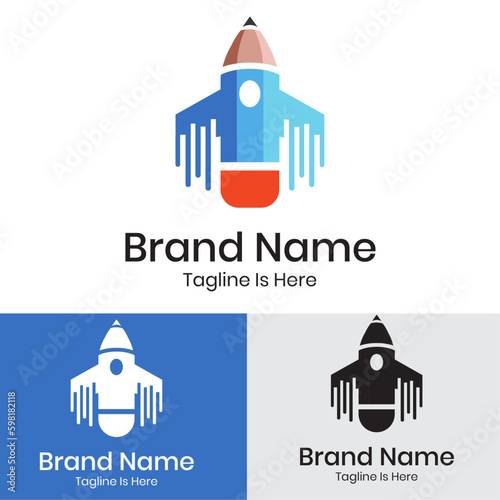 Blue orange rocket pencil store logo
