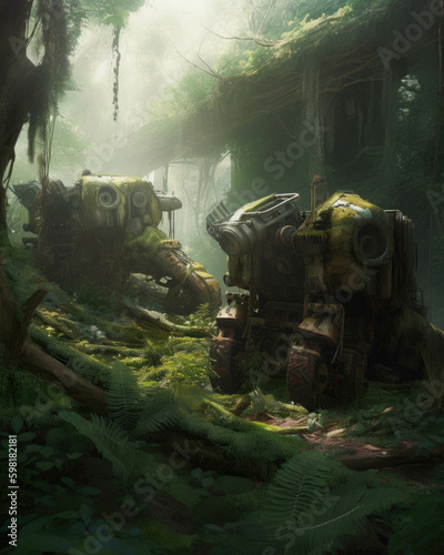 Ancient war machines become softened by nature hidden within a blanket of lush growth. Abandoned landscape. AI generation. Generative AI © Justlight