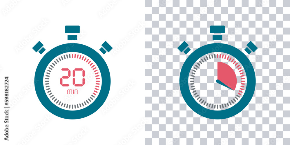 Timer, 20 minutes, stopwatch vector icon. Stopwatch icon in flat style