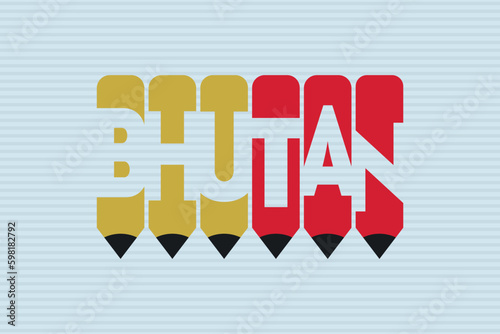 Bhutan text with Pen symbol creative ideas design. Bhutan flag color concept vector illustration. Bhutan typography negative space word vector illustration. Bhutan country name vector design.