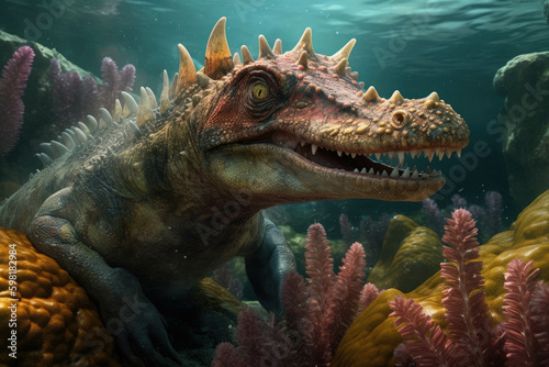 A curious water dinosaur examining a nearby reef its mouth agape in awe of the vibrant life within.. AI generation. Generative AI