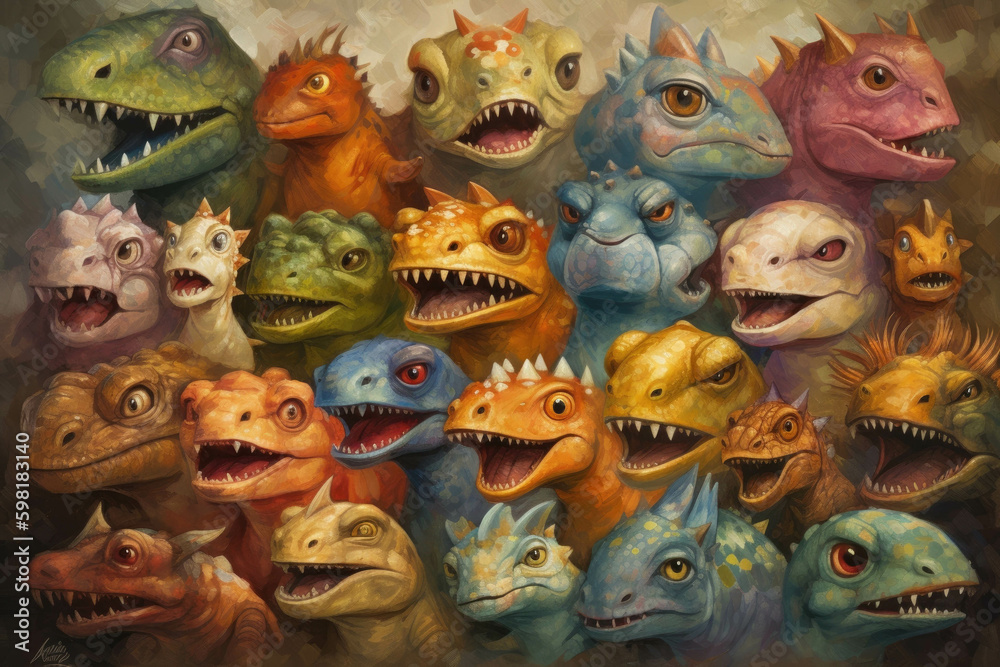 An oil painting of the many faces of the Dinosaur world.. AI generation. Generative AI An oil painting of the many faces of the Dinosaur world.. AI generation. Generative AI