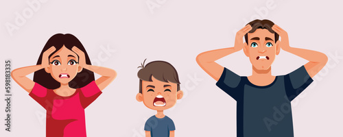 Desperate Parents Annoyed by their Naughty Son Vector Cartoon Illustration. Stressed mother and father feeling desperate because of angry kid
