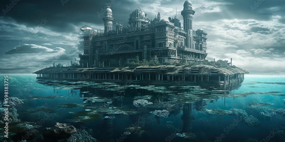 Exteriores de una ciudad al fondo del océano concepto ciudad perdida al fondo del mar - IA generativa