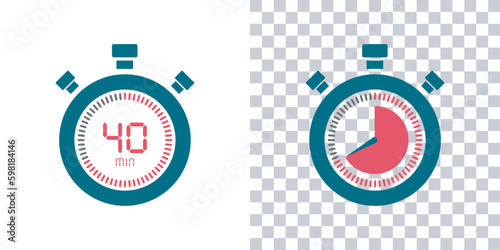 Timer, 40 minutes, stopwatch vector icon. Stopwatch icon in flat style, 40 minutes Countdown timer symbol icon on white and transparent background. Vector illustration.