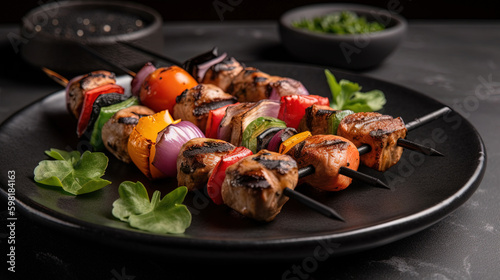 Delicious Skewers Kababs in Plate with Vegetables on Foody Theme Background AI Generative