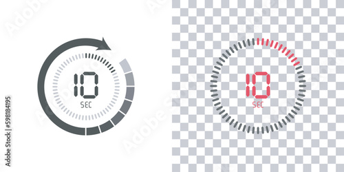 Timer, 10 seconds, stopwatch vector icon. Stopwatch icon in flat style, 10 seconds Countdown timer symbol icon on white and transparent background. Vector illustration.