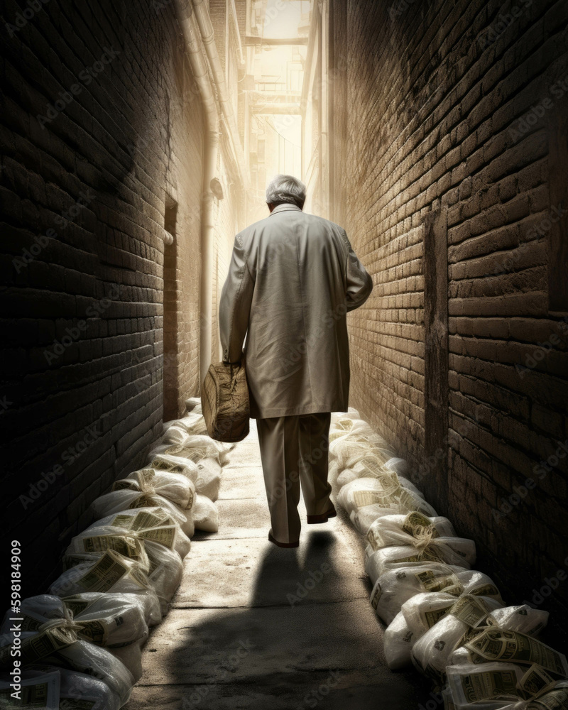 Fototapeta premium A senior man walking slowly down an alleyway a bag of money tight in his grip.. AI generation. Generative AI