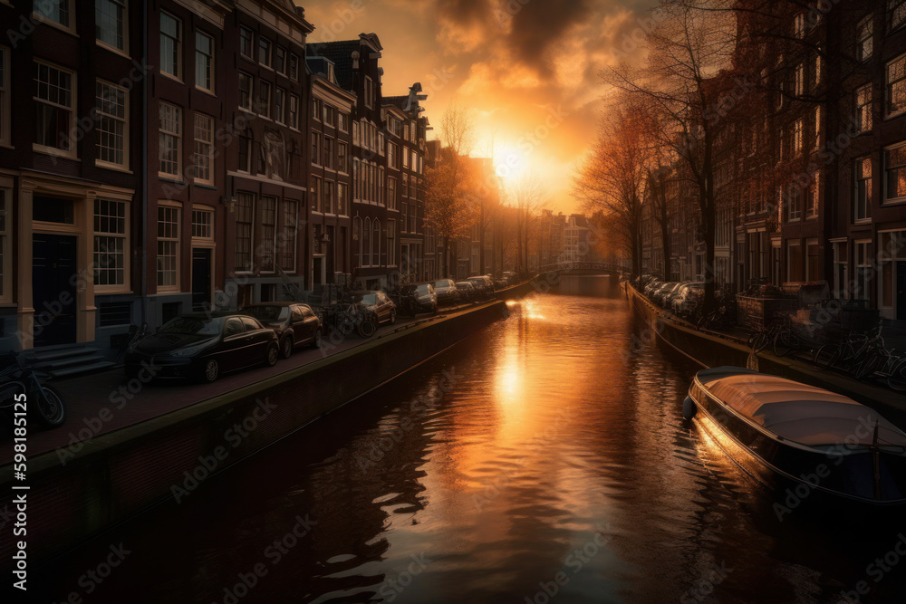 Fototapeta premium the first light of the day casts a golden hue over the charming cityscape