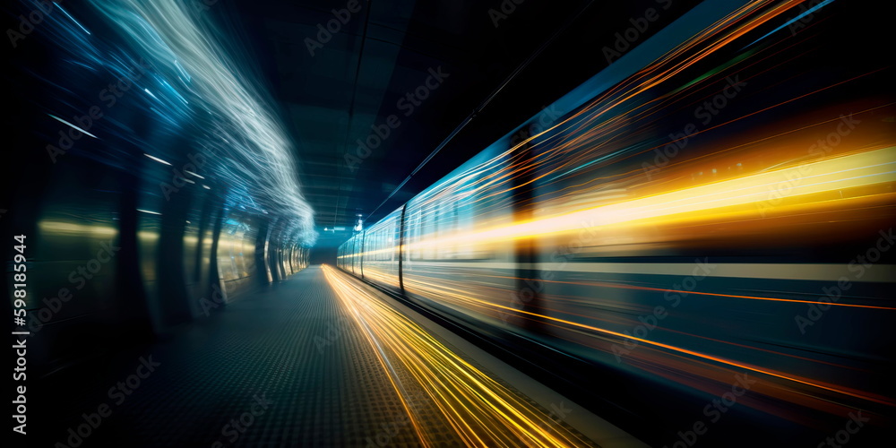 train passing by with long exposure trails of light and dynamic movement, creating a sense of speed and motion. Generative AI train passing by with long exposure trails of light and dynamic movement, creating a sense of speed and motion. Generative AI