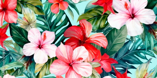 Tropical watercolor floral pattern with hibiscus and frangipani flowers, ideal for use in swimwear or beach-themed designs. Generative AI