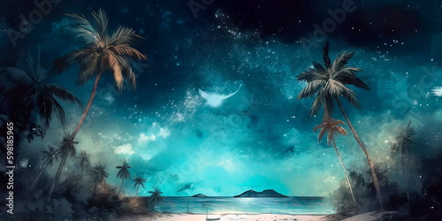 watercolor painting of a beach scene at night with palm trees and a starry sky. Generative AI