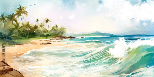 watercolor painting of a tropical beach scene with palm trees and waves crashing onto the shore.  Generative AI © Лилия Захарчук