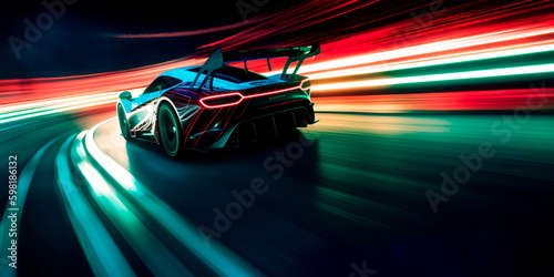 race car speeding around a track with long exposure trails of light and dynamic movement Generative AI