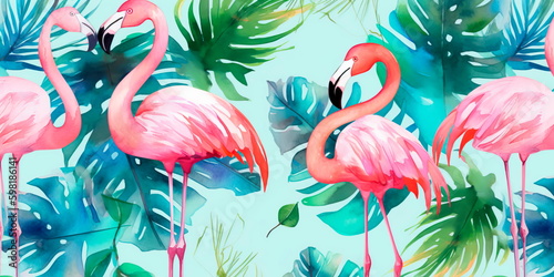 repeating pattern of watercolor flamingos and palm trees, perfect for use in swimwear or stationery designs. Generative AI