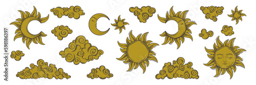 Tarot sun and moon golden aesthetic set. Spiritual tarot elements for astrology, witchcraft and divination designs. Vector illustration isolated in white background Generative AI