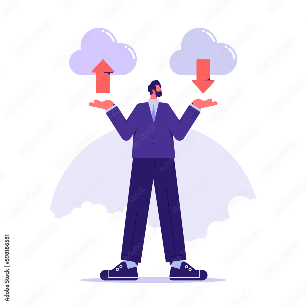 Data in database on cloud services, businessman hold cloud storage sign with arrows up and down, downloads and uploads files to the cloud Data in database on cloud services, businessman hold cloud storage sign with arrows up and down, downloads and uploads files to the cloud
