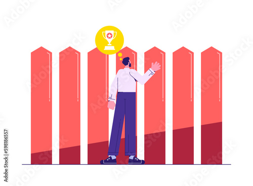 Business challenge, overcome difficulty or obstacle to achieve business success, businessman stands in the way blocked by a wall, problems and obstacles on the way to success