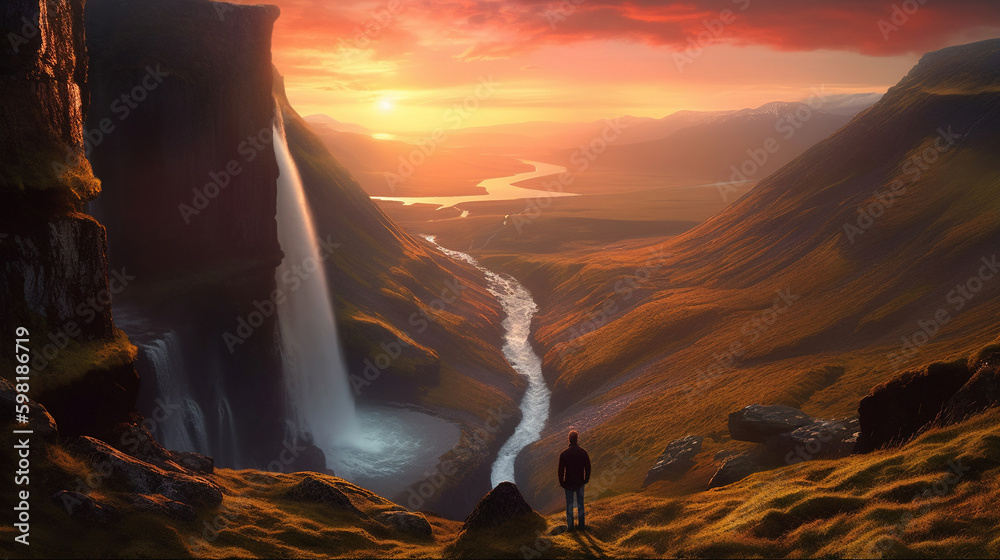 sunrise in the canyon with waterfall. Generative Ai sunrise in the canyon with waterfall. Generative Ai