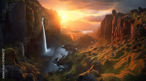 sunrise in the canyon with waterfall. Generative Ai © Shades3d