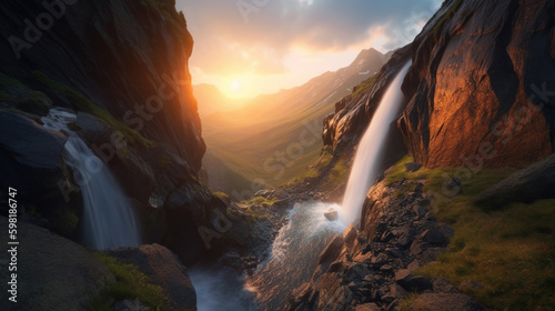 sunrise in the canyon with waterfall. Generative Ai
