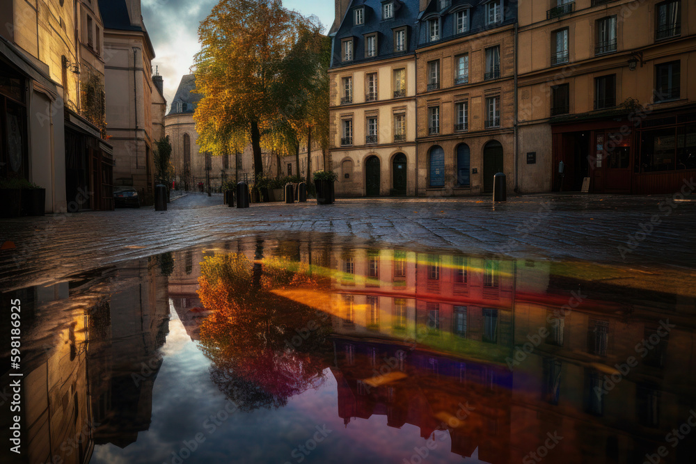  a vibrant rainbow reflected in a puddle on a charming cobblestone street
