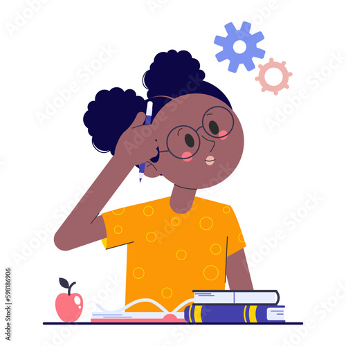 Girl on school exam. Kid study and think about test or homework in class. Pupil confused how to do survey on blank. Vector illustration about child education