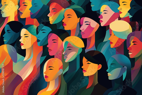 Multicolored row of silhouettes of diverse women, side view. Feminism, femininity abstract art flat illustration concept.Generative AI