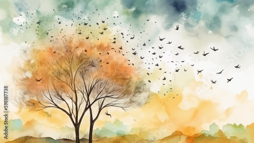 Natural Background With Beautiful Landscape, Abstract Outdoor With Watercolor Paint