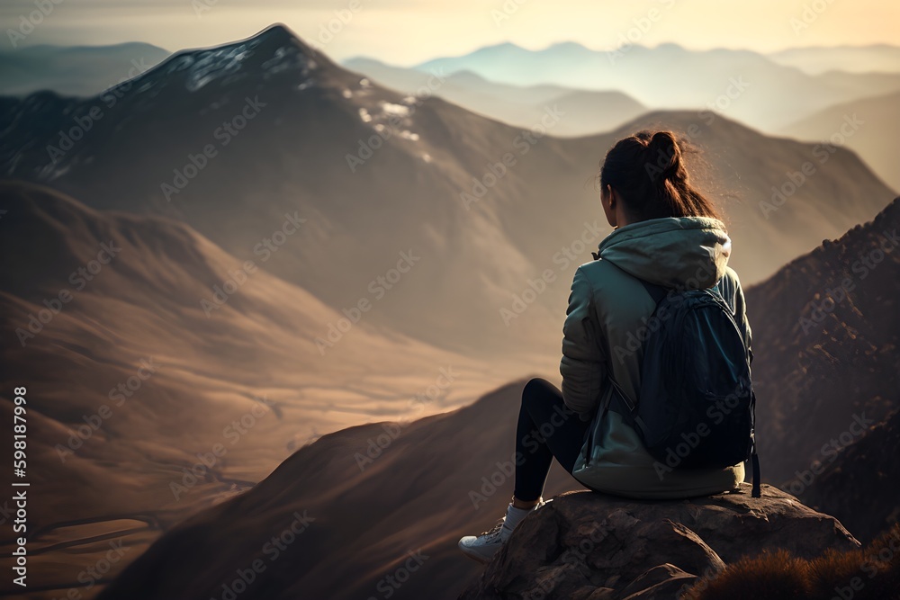 A woman admiring the view of a picturesque mountain range while sitting on a cliff. 