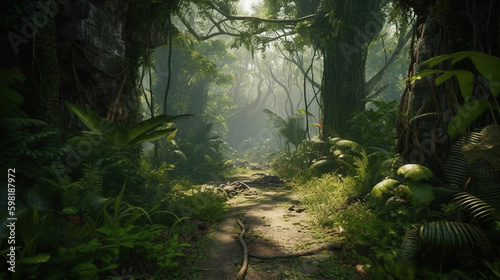 path in the jungle.Generative Ai © Shades3d